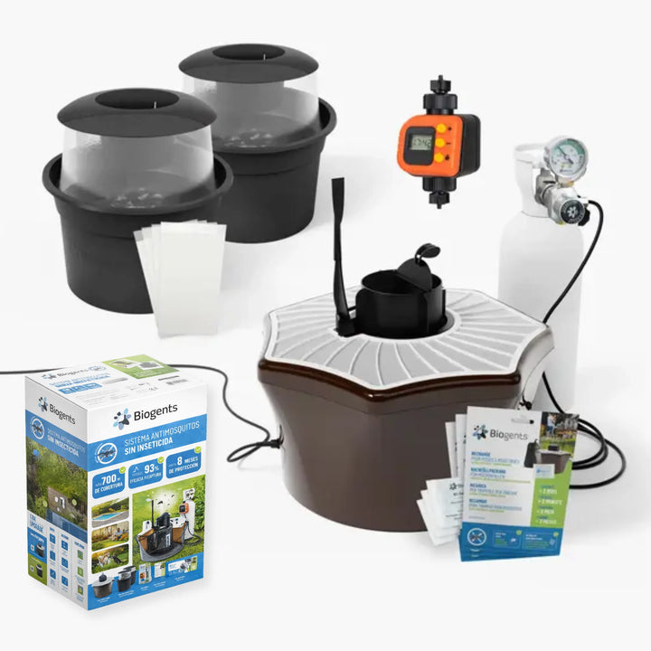 Sistema completo Biogents CO2 para control intensivo de mosquito tigre en exteriores residenciales y comerciales.