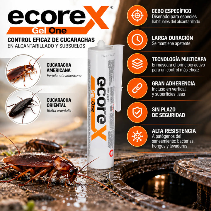 Ecorex Gel One 350 g es un gel insecticida con cipermetrina, especialmente formulado para atraer y controlar cucarachas Periplaneta americana y Blatta orientalis en alcantarillados y subsuelos.
