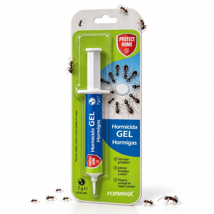 Este cebo insecticida en gel para hormigas se presenta en una práctica jeringa de 7 g que permite realizar aplicaciones precisas en los puntos donde se detecte actividad.