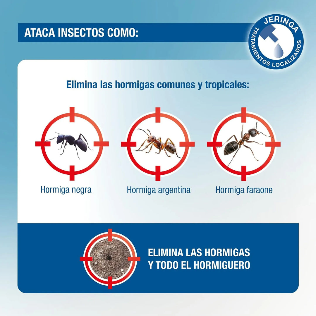 Este cebo insecticida en gel para hormigas se presenta en una práctica jeringa de 7 g que permite realizar aplicaciones precisas en los puntos donde se detecte actividad.