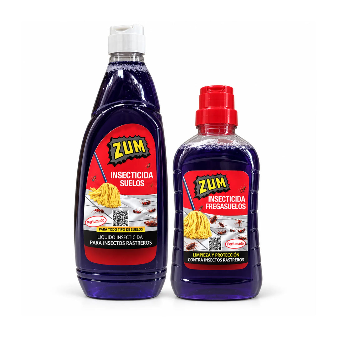 El insecticida fregasuelos ZUM aporta limpieza y protección contra todo tipo de insectos rastreros (cucarachas, hormigas, arañas, etc.) que puedan estar anidando en tu hogar. Está perfumado con un agradable aroma a limpio y es adecuado para todo tipo de suelos.