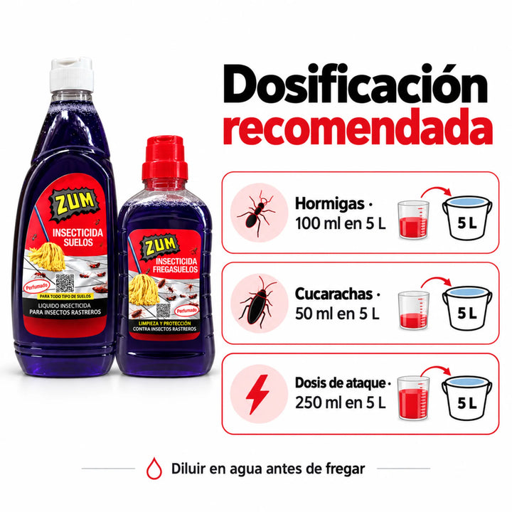 El insecticida fregasuelos ZUM aporta limpieza y protección contra todo tipo de insectos rastreros (cucarachas, hormigas, arañas, etc.) que puedan estar anidando en tu hogar. Está perfumado con un agradable aroma a limpio y es adecuado para todo tipo de suelos.