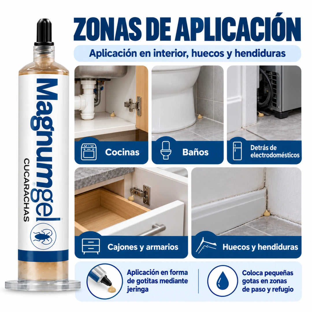 Gel Magnum Insecticida diseñado para ofrecer un control rápido y eficiente de las cucarachas, tanto ninfas como adultos. Con su fórmula, garantiza un tratamiento efectivo sin prolongar el proceso, proporcionándote un entorno libre de plagas en poco tiempo.