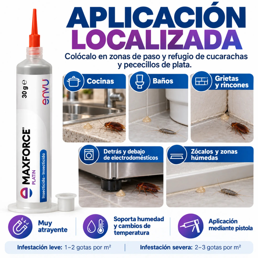 Maxforce Platin es un gel insecticida para cucarachas y lepismas con clotianidina y perlas azules que atraen a las ninfas, favoreciendo el control de todo el ciclo de vida de las cucarachas.
