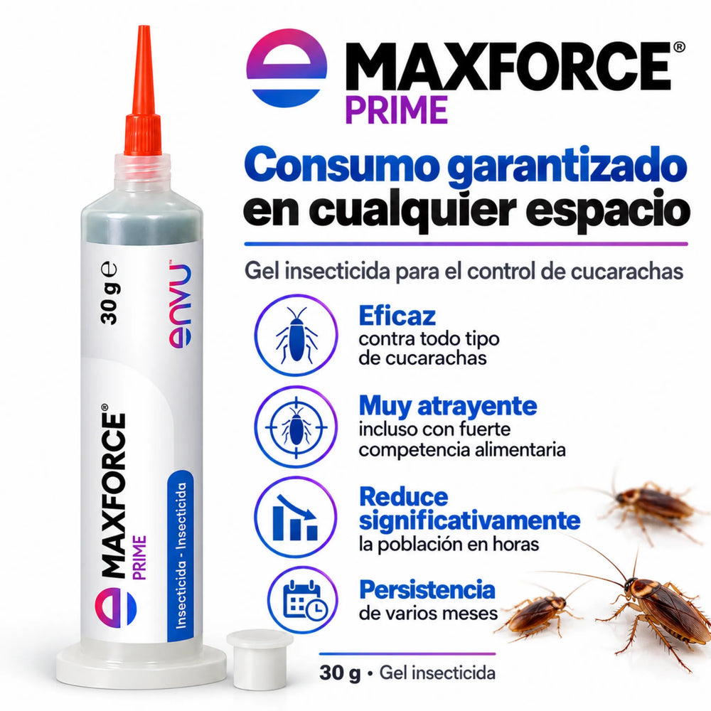 Maxforce Prime es un gel insecticida diseñado para eliminar cucarachas, formulado con imidacloprid y atractivos ingredientes alimentarios que favorecen su consumo y eficacia.