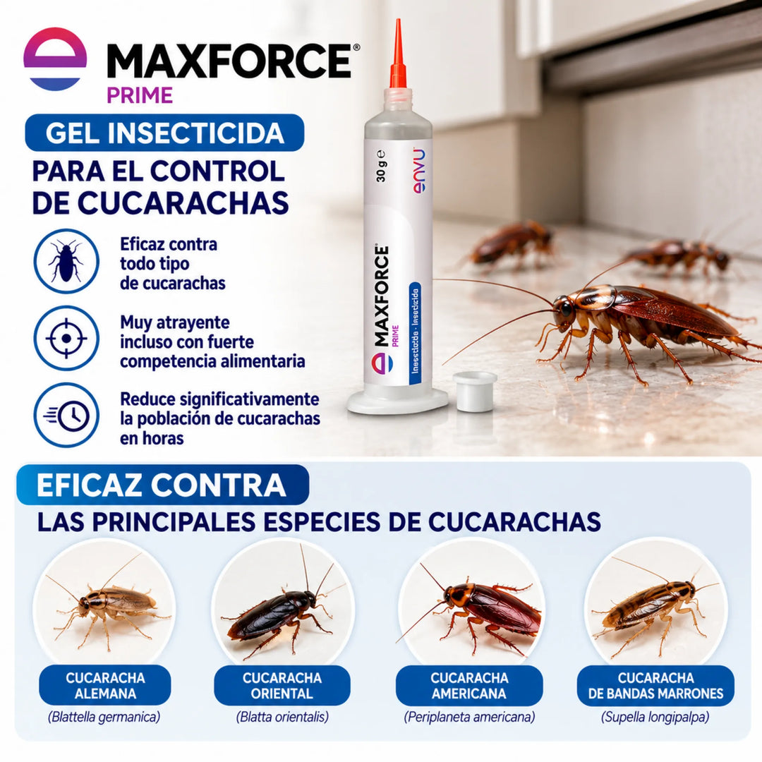 Maxforce Prime es un gel insecticida diseñado para eliminar cucarachas, formulado con imidacloprid y atractivos ingredientes alimentarios que favorecen su consumo y eficacia.