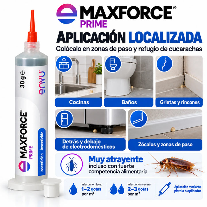 Maxforce Prime es un gel insecticida diseñado para eliminar cucarachas, formulado con imidacloprid y atractivos ingredientes alimentarios que favorecen su consumo y eficacia.