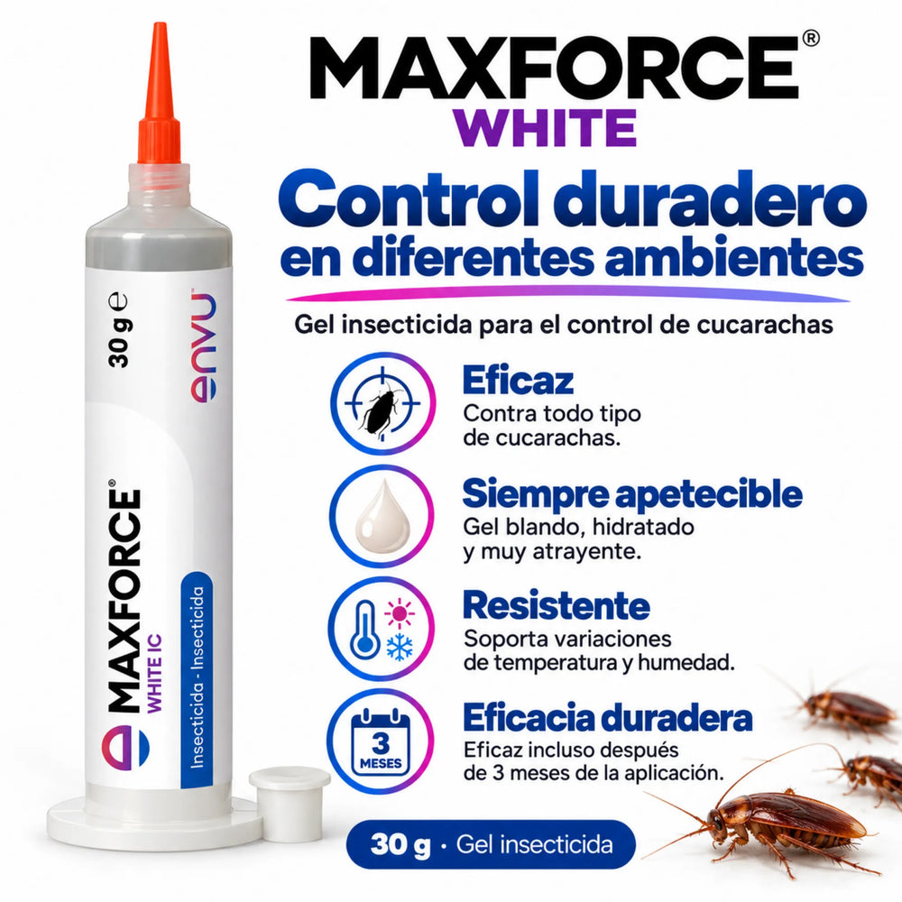 Maxforce White IC es un gel insecticida para cucarachas con imidacloprid, de gran poder atrayente, acción rápida y eficacia prolongada durante varios meses.