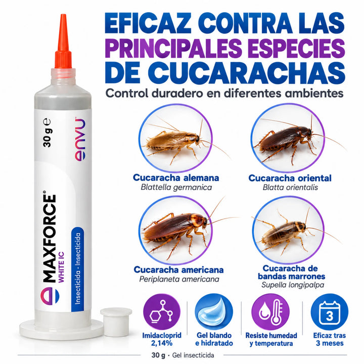 Maxforce White IC es un gel insecticida para cucarachas con imidacloprid, de gran poder atrayente, acción rápida y eficacia prolongada durante varios meses.