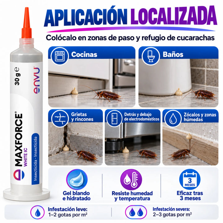 Maxforce White IC es un gel insecticida para cucarachas con imidacloprid, de gran poder atrayente, acción rápida y eficacia prolongada durante varios meses.