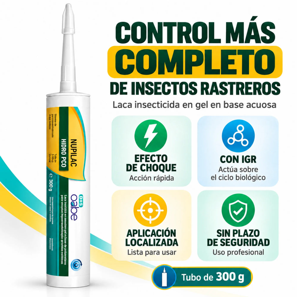 Nupilac Hidro PCO 300 g es una laca insecticida en gel de base acuosa para el control localizado de cucarachas, hormigas y otros insectos rastreros en interiores.