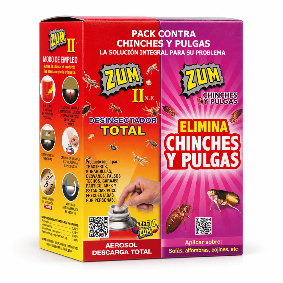 Pack insecticida Zum II + Zum Anti Chinches y Pulgas Integral, compuesto por dos aerosoles nebulizadores de descarga total de 150 ml cada uno (300 ml en total). Diseñado para combatir insectos rastreros y voladores, especialmente chinches, pulgas, hormigas y cucarachas. Su fórmula de acción rápida permite eliminar plagas de forma cómoda y eficaz, ayudando a tratar espacios con sofás, alfombras, camas y cojines gracias al Efecto ZUM.