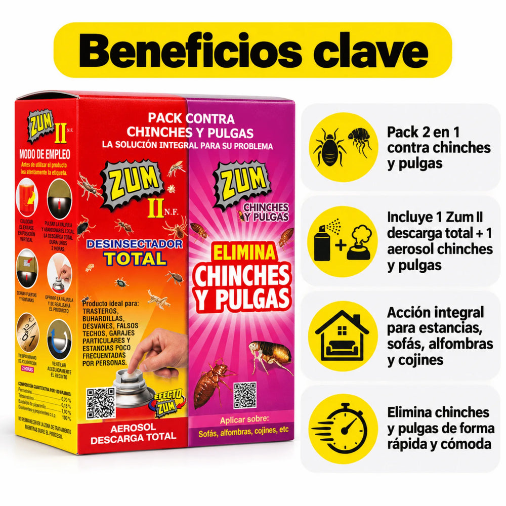 Pack insecticida Zum II + Zum Anti Chinches y Pulgas Integral, compuesto por dos aerosoles nebulizadores de descarga total de 150 ml cada uno (300 ml en total). Diseñado para combatir insectos rastreros y voladores, especialmente chinches, pulgas, hormigas y cucarachas. Su fórmula de acción rápida permite eliminar plagas de forma cómoda y eficaz, ayudando a tratar espacios con sofás, alfombras, camas y cojines gracias al Efecto ZUM.