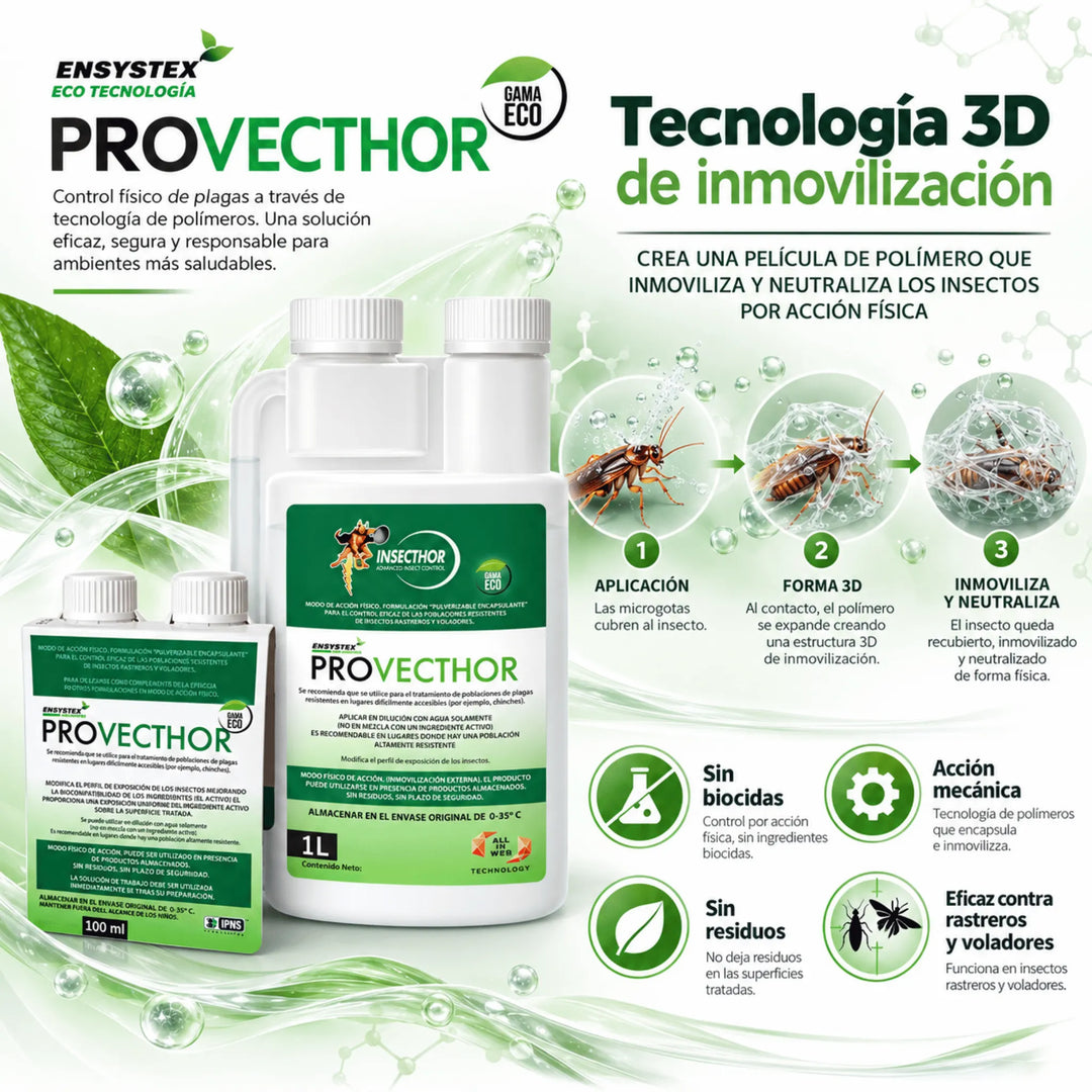 Provecthor anti insectos sin biocidas, de acción mecánica contra chinches, cucarachas, hormigas, ácaros, moscas y mosquitos. Su tecnología 3D inmoviliza los insectos mediante una película de polímero, incluso los resistentes a insecticidas tradicionales.