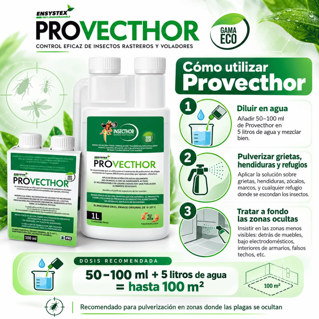 Provecthor anti insectos sin biocidas, de acción mecánica contra chinches, cucarachas, hormigas, ácaros, moscas y mosquitos. Su tecnología 3D inmoviliza los insectos mediante una película de polímero, incluso los resistentes a insecticidas tradicionales.