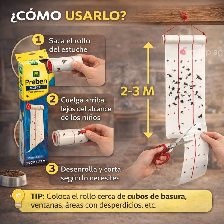 Massó - Rollo Atrapa-Moscas Preben 7,5 m Sin Insecticidas para Interiores