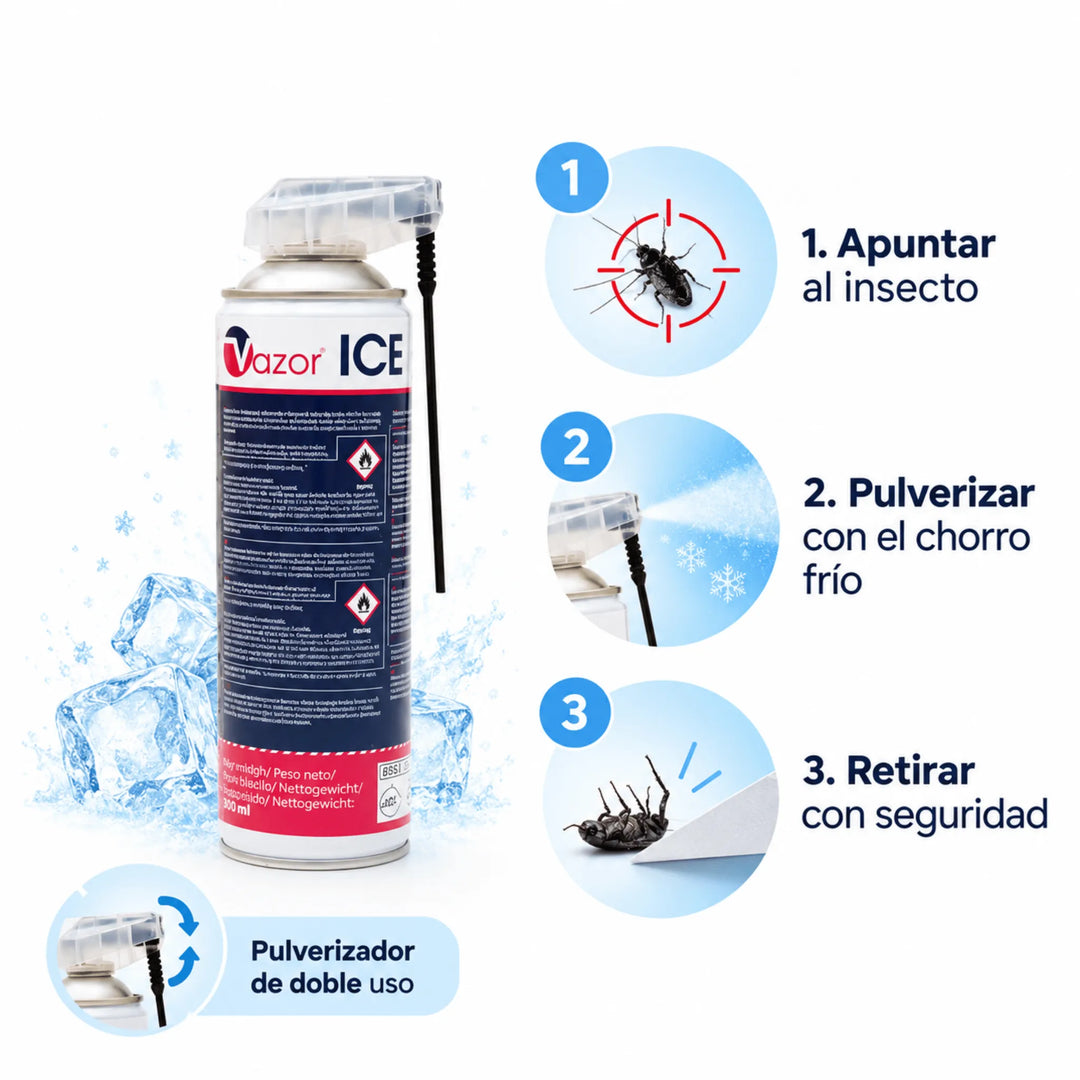 Spray congelador anti insectos con acción por frío inferior a -40 °C. Elimina rápidamente insectos rastreros y voladores sin insecticidas ni residuos. Fácil de usar, ideal para hogares y superficies sensibles.