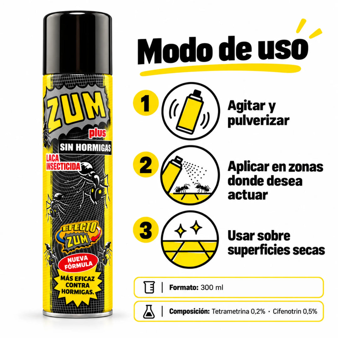 Spray Zum Plus Hormigas de 300 especial contra las hormigas. Con una sola aplicación elimina las hormigas de su hogar.