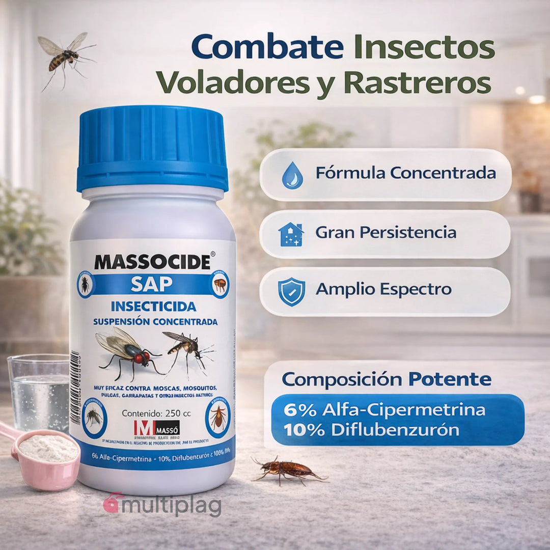 Insecticida residual Massocide SAP para moscas, mosquitos y rastreros con acción adulticida, larvicida y ovicida