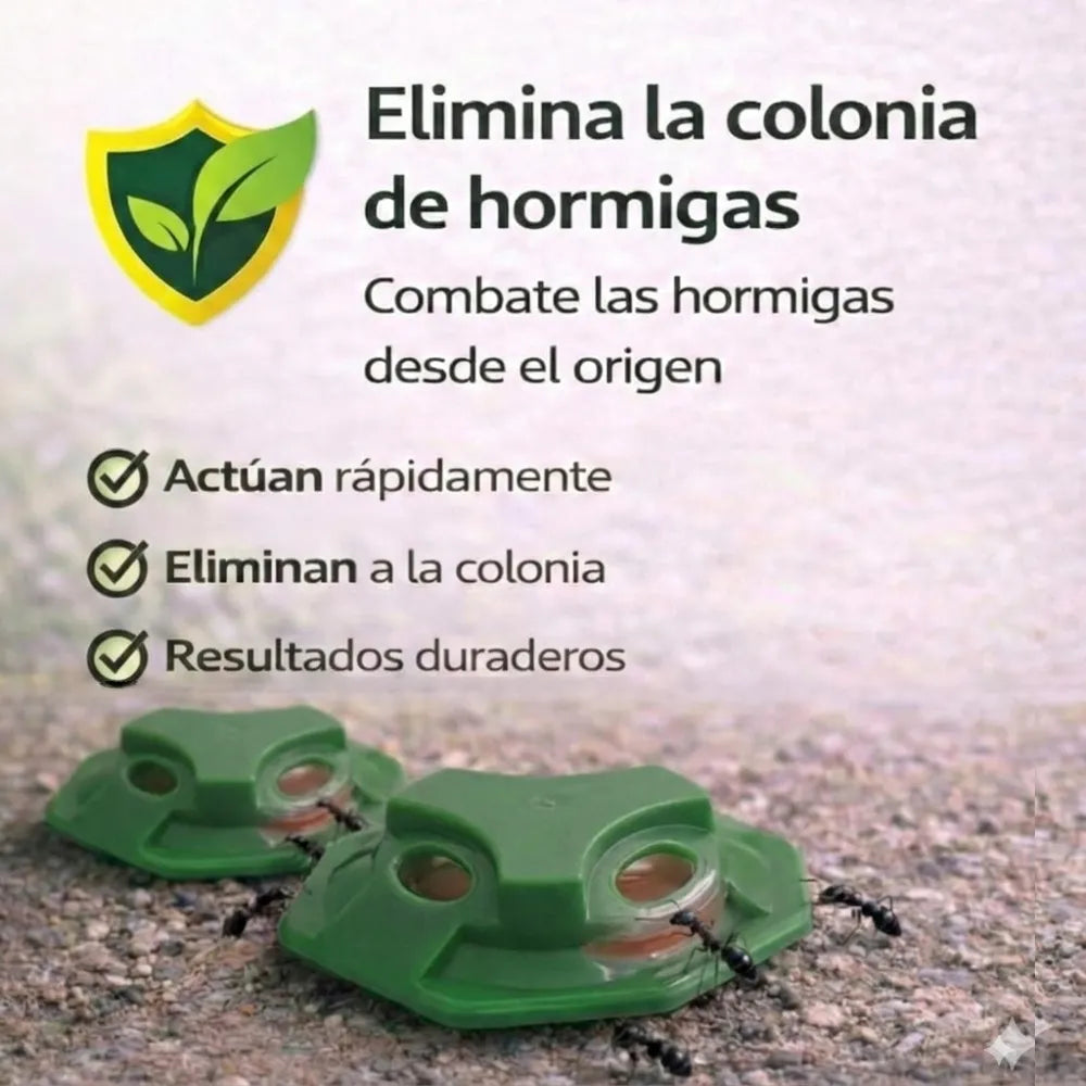 Trampas con cebo en gel de alta atracción que eliminan la colonia desde el hormiguero, sin manipulación y sin plazo de seguridad
